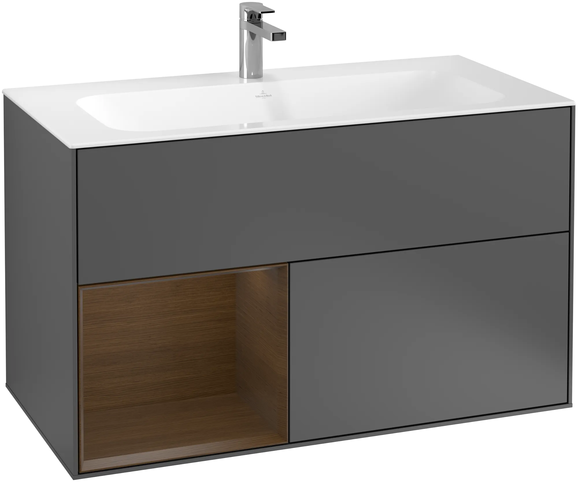Picture of VILLEROY BOCH Finion Vanity unit, with lighting, 2 pull-out compartments, 996 x 591 x 498 mm, Anthracite Matt Lacquer / Walnut Veneer #G030GNGK