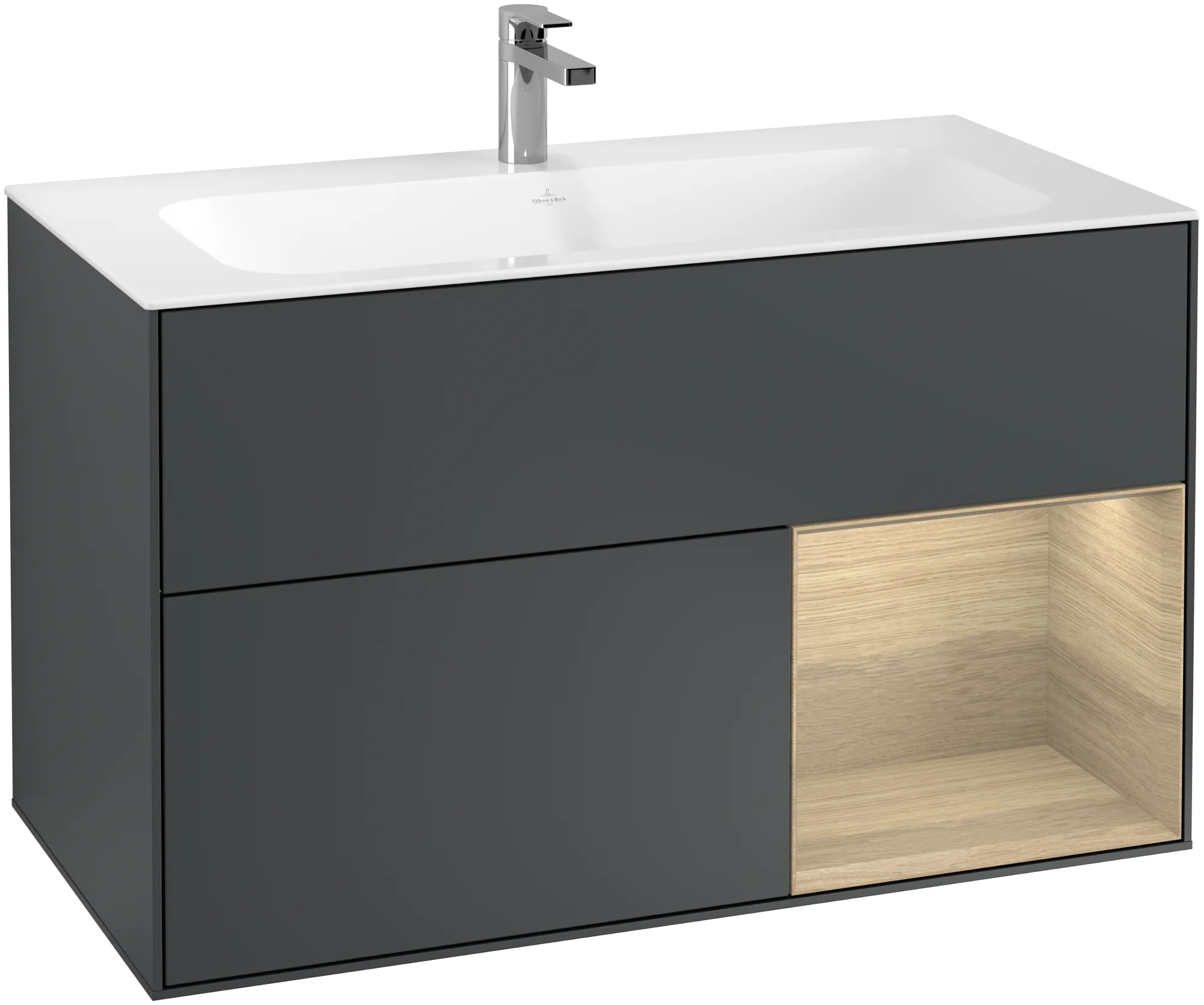 Picture of VILLEROY BOCH Finion Vanity unit, with lighting, 2 pull-out compartments, 996 x 591 x 498 mm, Midnight Blue Matt Lacquer / Oak Veneer #G040PCHG