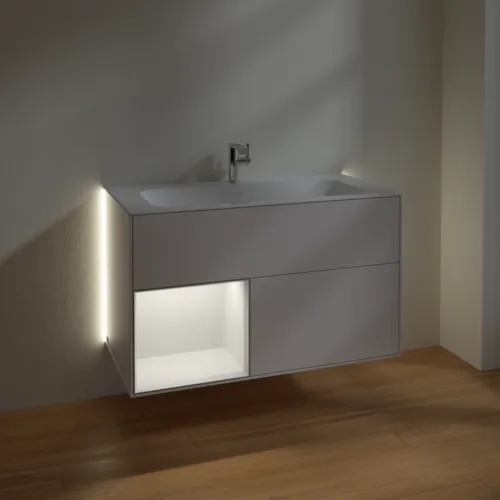 Bild von VILLEROY BOCH Finion Waschbeckenunterschrank, mit Beleuchtung, 2 Auszüge, 996 x 591 x 498 mm, Glossy White Lacquer / Walnut Veneer #G030GNGF