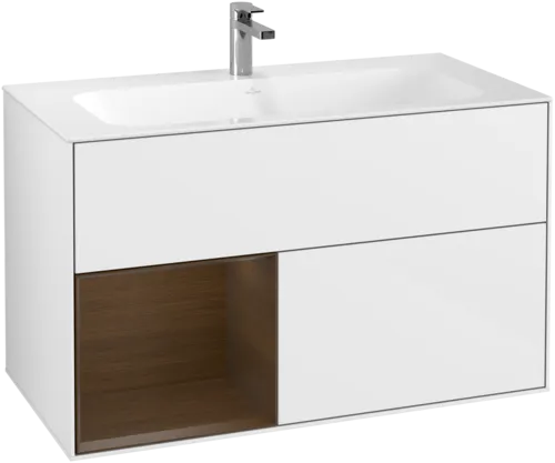 Picture of VILLEROY BOCH Finion Vanity unit, with lighting, 2 pull-out compartments, 996 x 591 x 498 mm, Glossy White Lacquer / Walnut Veneer #G030GNGF