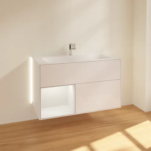Bild von VILLEROY BOCH Finion Waschbeckenunterschrank, mit Beleuchtung, 2 Auszüge, 996 x 591 x 498 mm, Glossy White Lacquer / Walnut Veneer #G030GNGF
