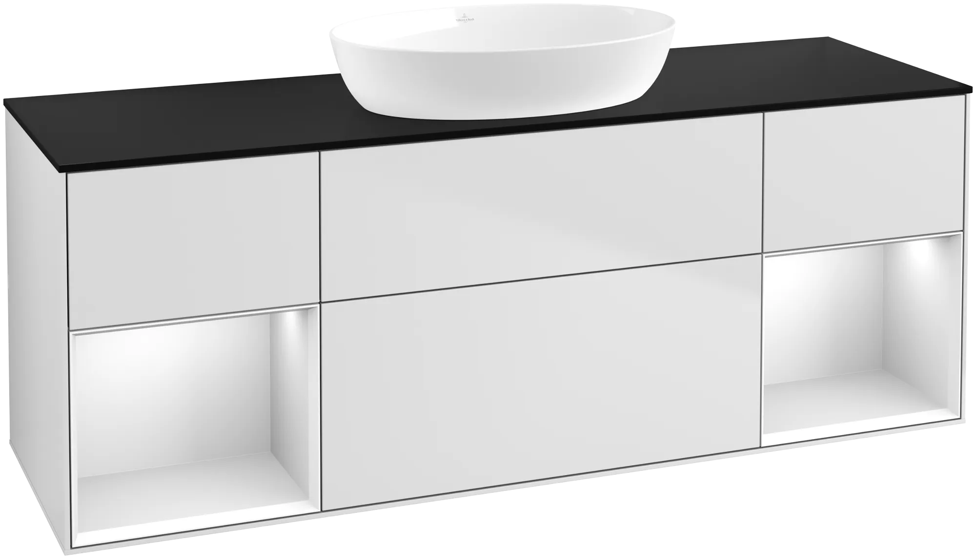 Picture of VILLEROY BOCH Finion Vanity unit, with lighting, 4 pull-out compartments, 1600 x 603 x 501 mm, White Matt Lacquer / White Matt Lacquer / Glass Black Matt #FD02MTMT