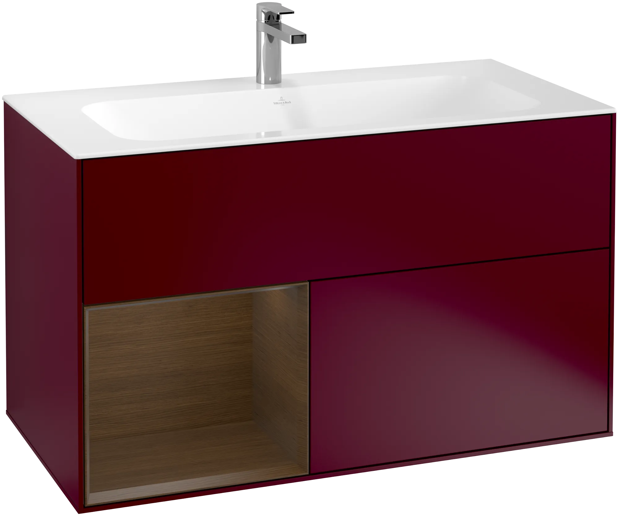 Picture of VILLEROY BOCH Finion Vanity unit, with lighting, 2 pull-out compartments, 996 x 591 x 498 mm, Peony Matt Lacquer / Walnut Veneer #G030GNHB