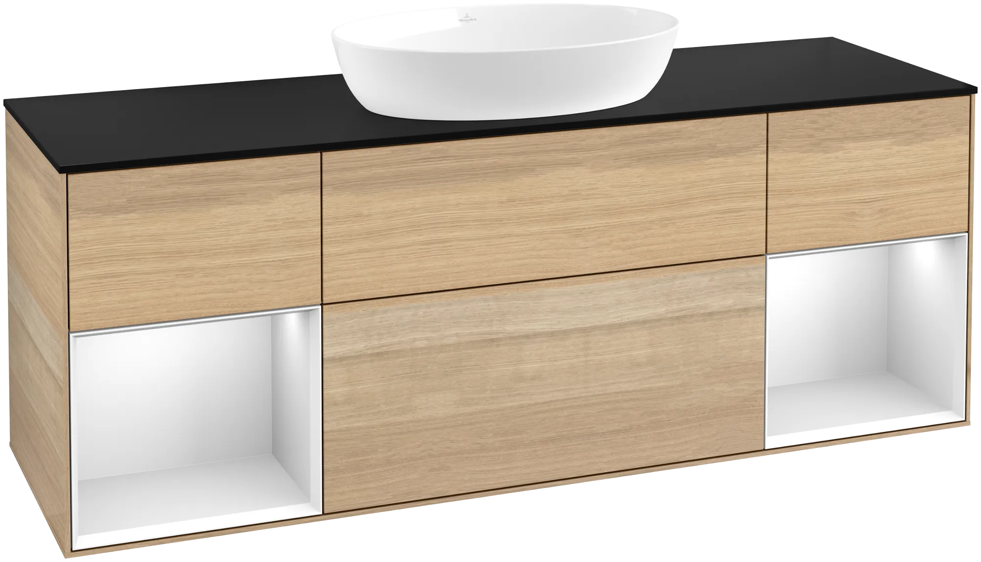 Picture of VILLEROY BOCH Finion Vanity unit, with lighting, 4 pull-out compartments, 1600 x 603 x 501 mm, Oak Veneer / White Matt Lacquer / Glass Black Matt #FD02MTPC