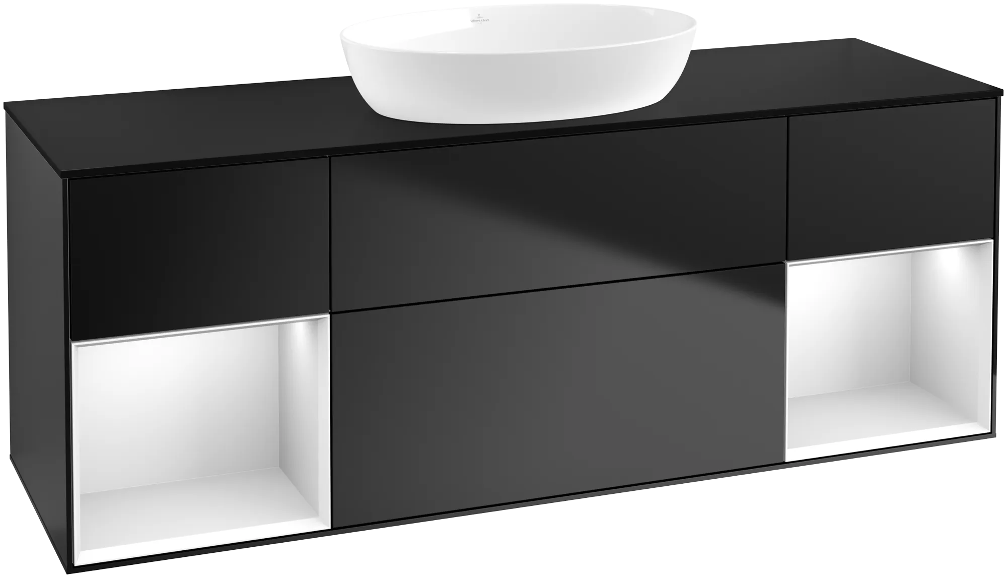 Picture of VILLEROY BOCH Finion Vanity unit, with lighting, 4 pull-out compartments, 1600 x 603 x 501 mm, Black Matt Lacquer / White Matt Lacquer / Glass Black Matt #FD02MTPD