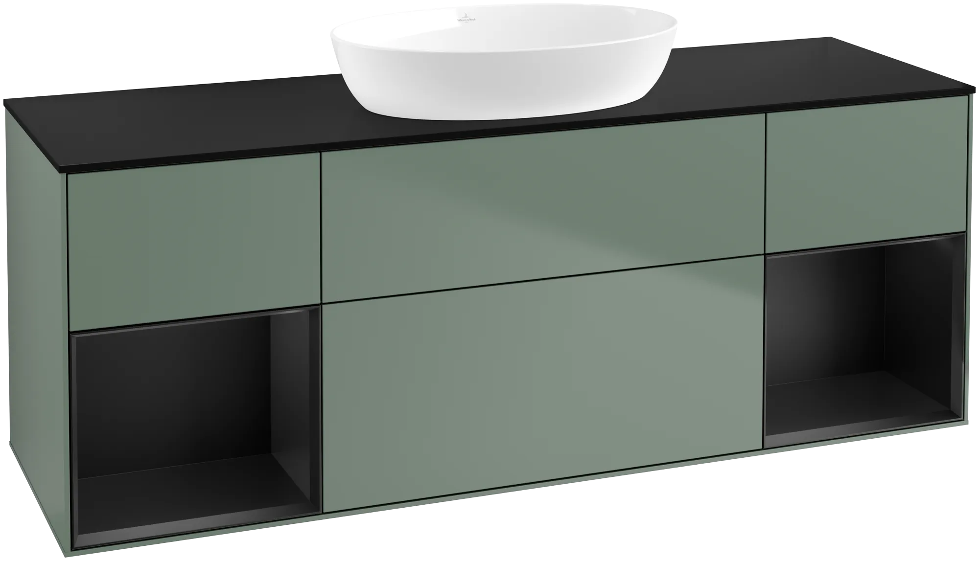 Picture of VILLEROY BOCH Finion Vanity unit, with lighting, 4 pull-out compartments, 1600 x 603 x 501 mm, Olive Matt Lacquer / Black Matt Lacquer / Glass Black Matt #FD02PDGM
