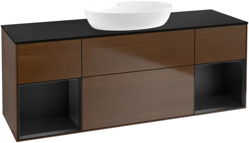 Picture of VILLEROY BOCH Finion Vanity unit, with lighting, 4 pull-out compartments, 1600 x 603 x 501 mm, Walnut Veneer / Black Matt Lacquer / Glass Black Matt #FD02PDGN
