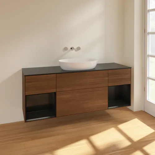 VILLEROY BOCH Finion Waschbeckenunterschrank, mit Beleuchtung, 4 Auszüge, 1600 x 603 x 501 mm, Walnut Veneer / Black Matt Lacquer / Glass Black Matt #FD02PDGN, Bild 2