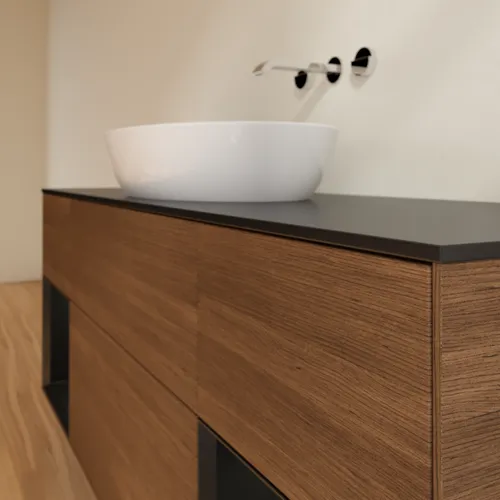 VILLEROY BOCH Finion Waschbeckenunterschrank, mit Beleuchtung, 4 Auszüge, 1600 x 603 x 501 mm, Walnut Veneer / Black Matt Lacquer / Glass Black Matt #FD02PDGN, Bild 6