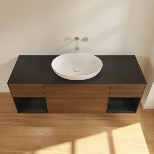 VILLEROY BOCH Finion Waschbeckenunterschrank, mit Beleuchtung, 4 Auszüge, 1600 x 603 x 501 mm, Walnut Veneer / Black Matt Lacquer / Glass Black Matt #FD02PDGN, Bild 4