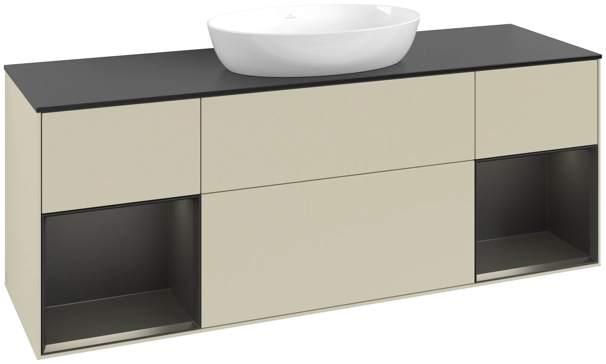 Picture of VILLEROY BOCH Finion Vanity unit, with lighting, 4 pull-out compartments, 1600 x 603 x 501 mm, Silk Grey Matt Lacquer / Black Matt Lacquer / Glass Black Matt #FD02PDHJ