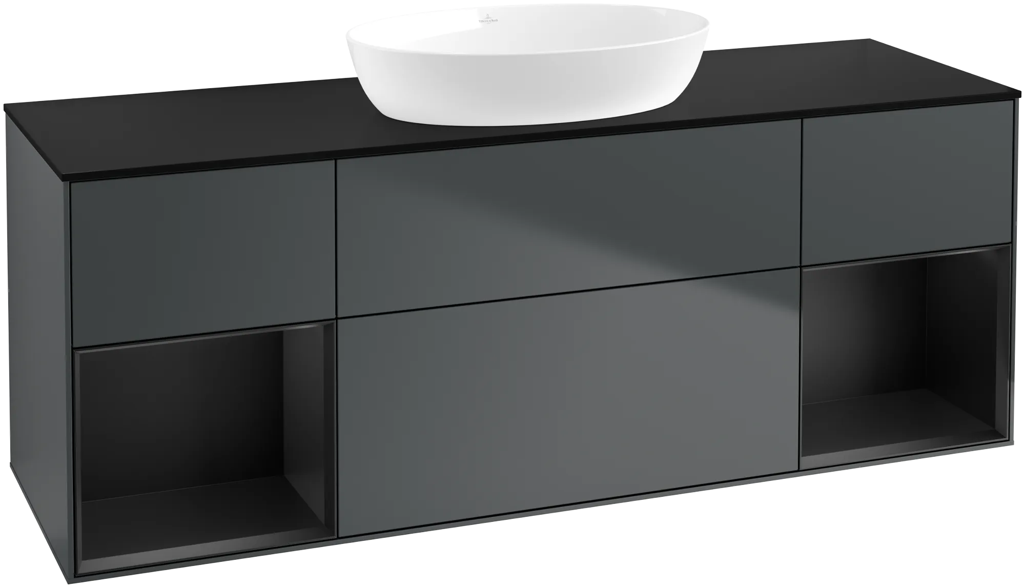 Picture of VILLEROY BOCH Finion Vanity unit, with lighting, 4 pull-out compartments, 1600 x 603 x 501 mm, Midnight Blue Matt Lacquer / Black Matt Lacquer / Glass Black Matt #FD02PDHG