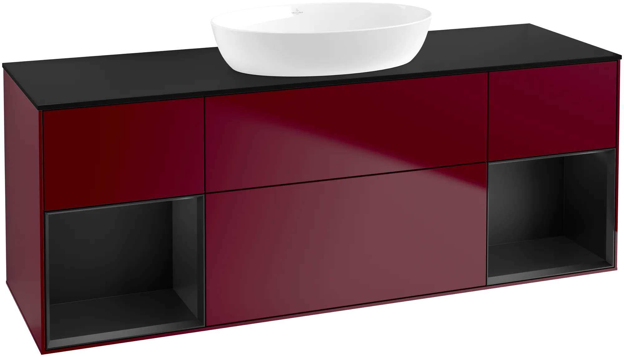 Picture of VILLEROY BOCH Finion Vanity unit, with lighting, 4 pull-out compartments, 1600 x 603 x 501 mm, Peony Matt Lacquer / Black Matt Lacquer / Glass Black Matt #FD02PDHB
