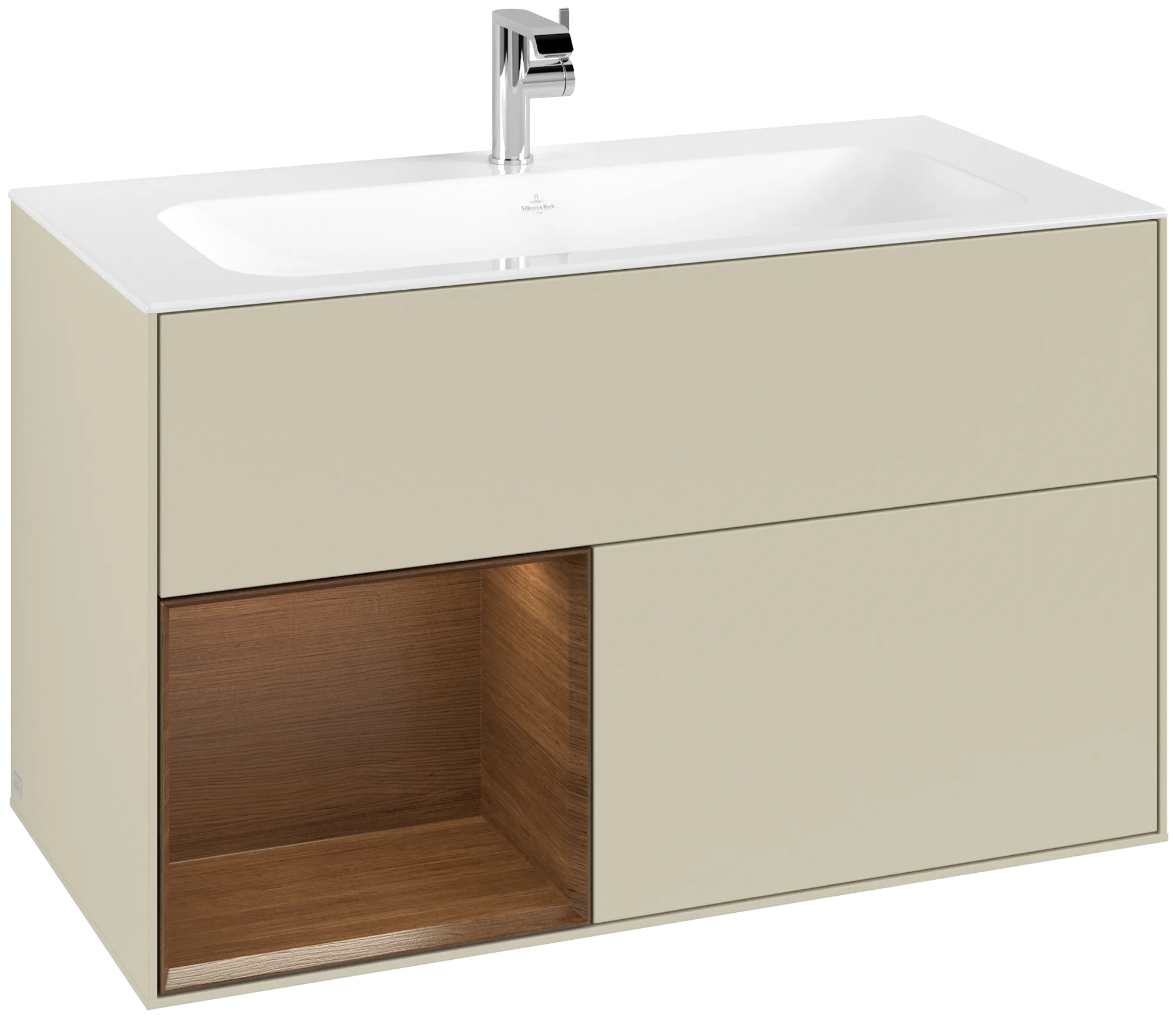 Picture of VILLEROY BOCH Finion Vanity unit, with lighting, 2 pull-out compartments, 996 x 591 x 498 mm, Silk Grey Matt Lacquer / Walnut Veneer #G030GNHJ