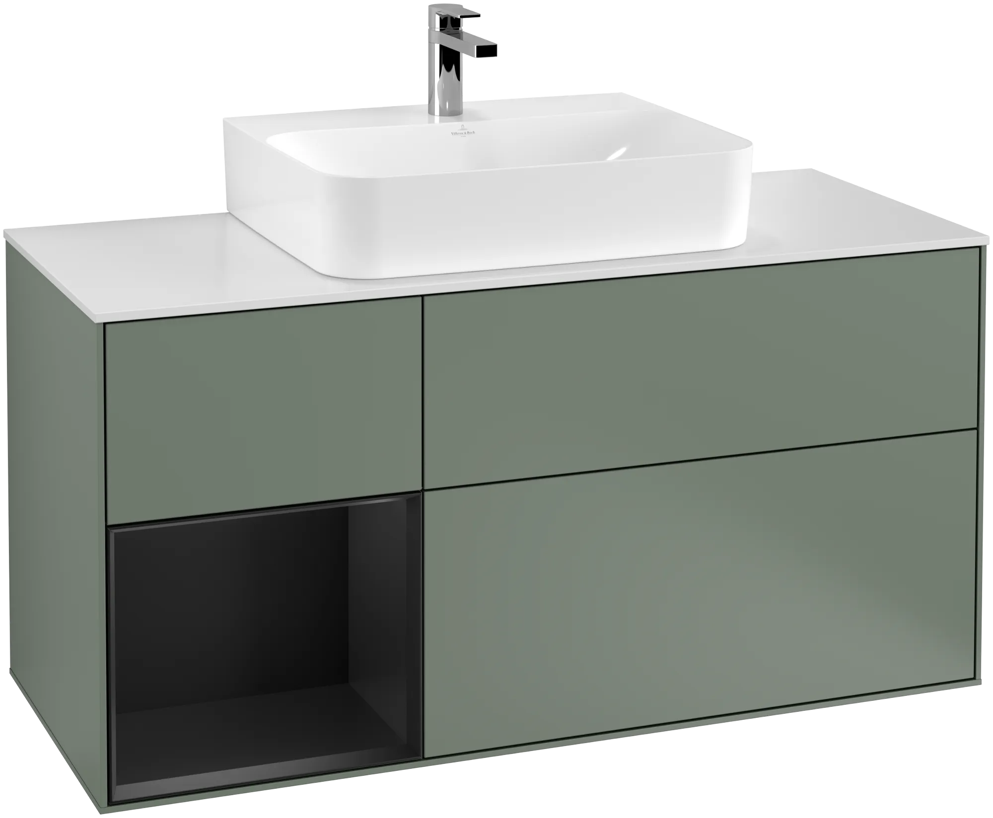 Picture of VILLEROY BOCH Finion Vanity unit, with lighting, 3 pull-out compartments, 1200 x 603 x 501 mm, Olive Matt Lacquer / Black Matt Lacquer / Glass White Matt #G161PDGM