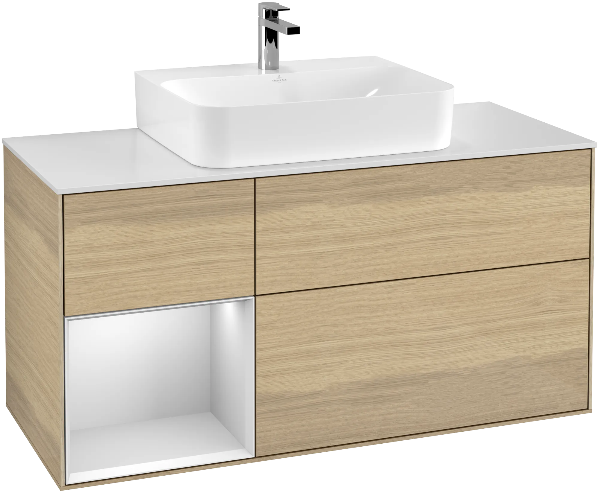 Picture of VILLEROY BOCH Finion Vanity unit, with lighting, 3 pull-out compartments, 1200 x 603 x 501 mm, Oak Veneer / White Matt Lacquer / Glass White Matt #G161MTPC