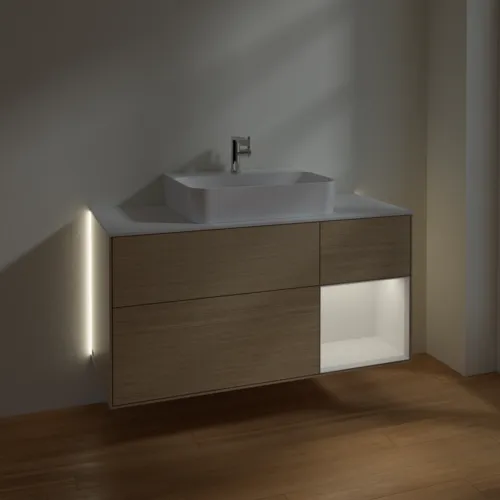 Bild von VILLEROY BOCH Finion Waschbeckenunterschrank, mit Beleuchtung, 3 Auszüge, 1200 x 603 x 501 mm, Oak Veneer / Glossy White Lacquer / Glass White Matt #G171GFPC