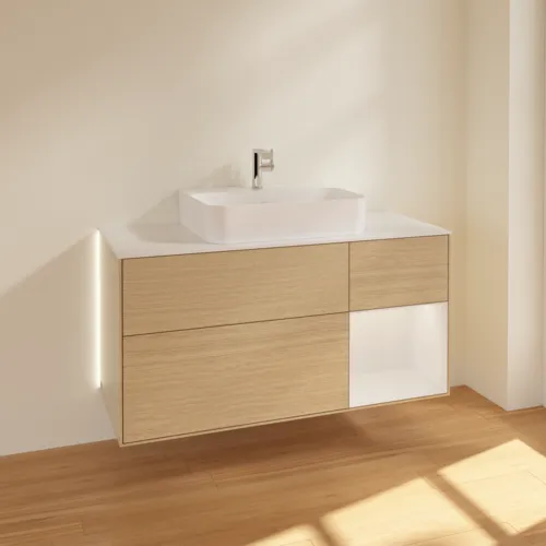 Bild von VILLEROY BOCH Finion Waschbeckenunterschrank, mit Beleuchtung, 3 Auszüge, 1200 x 603 x 501 mm, Oak Veneer / Glossy White Lacquer / Glass White Matt #G171GFPC
