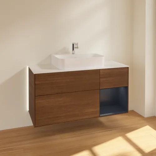 VILLEROY BOCH Finion Waschbeckenunterschrank, mit Beleuchtung, 3 Auszüge, 1200 x 603 x 501 mm, Walnut Veneer / Midnight Blue Matt Lacquer / Glass White Matt #G171HGGN, Bild 2