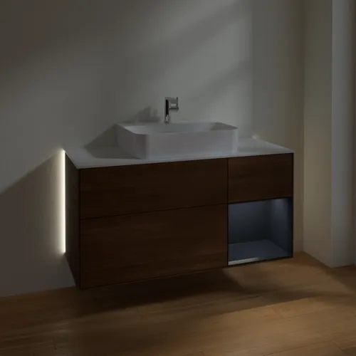 VILLEROY BOCH Finion Waschbeckenunterschrank, mit Beleuchtung, 3 Auszüge, 1200 x 603 x 501 mm, Walnut Veneer / Midnight Blue Matt Lacquer / Glass White Matt #G171HGGN, Bild 3