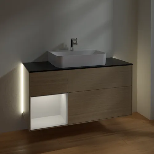 Bild von VILLEROY BOCH Finion Waschbeckenunterschrank, mit Beleuchtung, 3 Auszüge, 1200 x 603 x 501 mm, Oak Veneer / Glossy White Lacquer / Glass Black Matt #G162GFPC