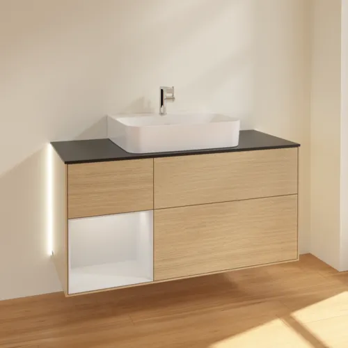 Bild von VILLEROY BOCH Finion Waschbeckenunterschrank, mit Beleuchtung, 3 Auszüge, 1200 x 603 x 501 mm, Oak Veneer / Glossy White Lacquer / Glass Black Matt #G162GFPC