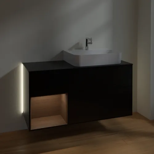 Bild von VILLEROY BOCH Finion Waschbeckenunterschrank, mit Beleuchtung, 3 Auszüge, 1200 x 603 x 501 mm, Black Matt Lacquer / Walnut Veneer / Glass Black Matt #G142GNPD