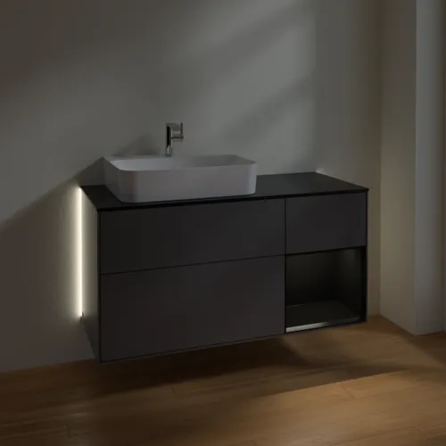 Bild von VILLEROY BOCH Finion Waschbeckenunterschrank, mit Beleuchtung, 3 Auszüge, 1200 x 603 x 501 mm, Anthracite Matt Lacquer / Black Matt Lacquer / Glass Black Matt #G152PDGK