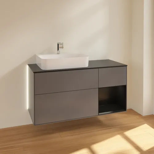 Bild von VILLEROY BOCH Finion Waschbeckenunterschrank, mit Beleuchtung, 3 Auszüge, 1200 x 603 x 501 mm, Anthracite Matt Lacquer / Black Matt Lacquer / Glass Black Matt #G152PDGK