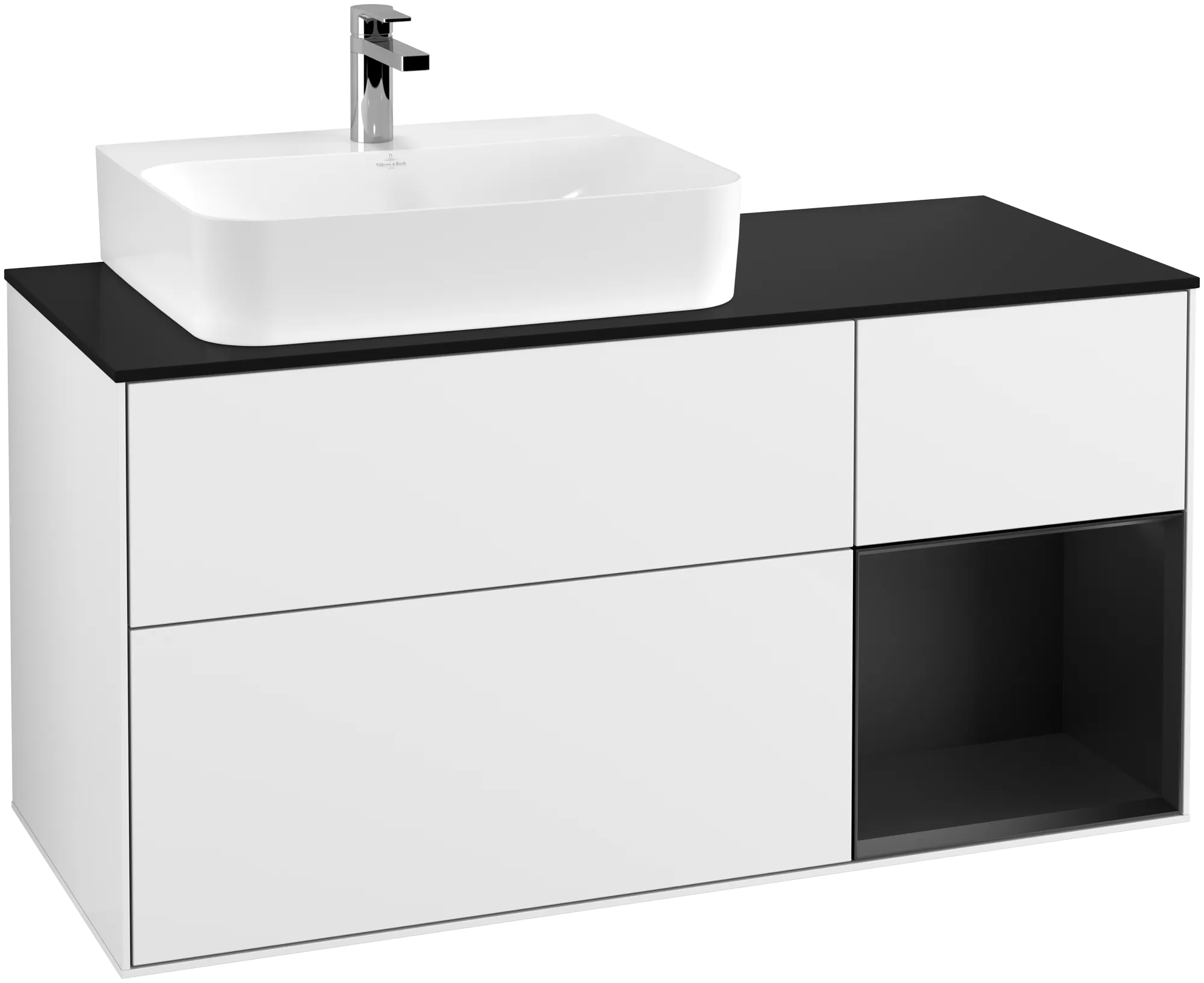 Picture of VILLEROY BOCH Finion Vanity unit, with lighting, 3 pull-out compartments, 1200 x 603 x 501 mm, Glossy White Lacquer / Black Matt Lacquer / Glass Black Matt #G152PDGF