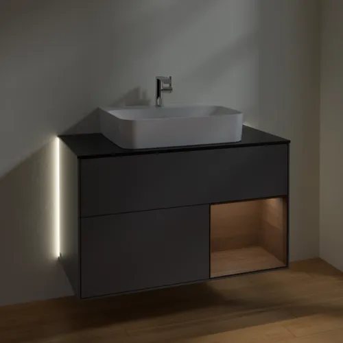 Bild von VILLEROY BOCH Finion Waschbeckenunterschrank, mit Beleuchtung, 2 Auszüge, 1000 x 603 x 501 mm, Anthracite Matt Lacquer / Walnut Veneer / Glass Black Matt #G122GNGK