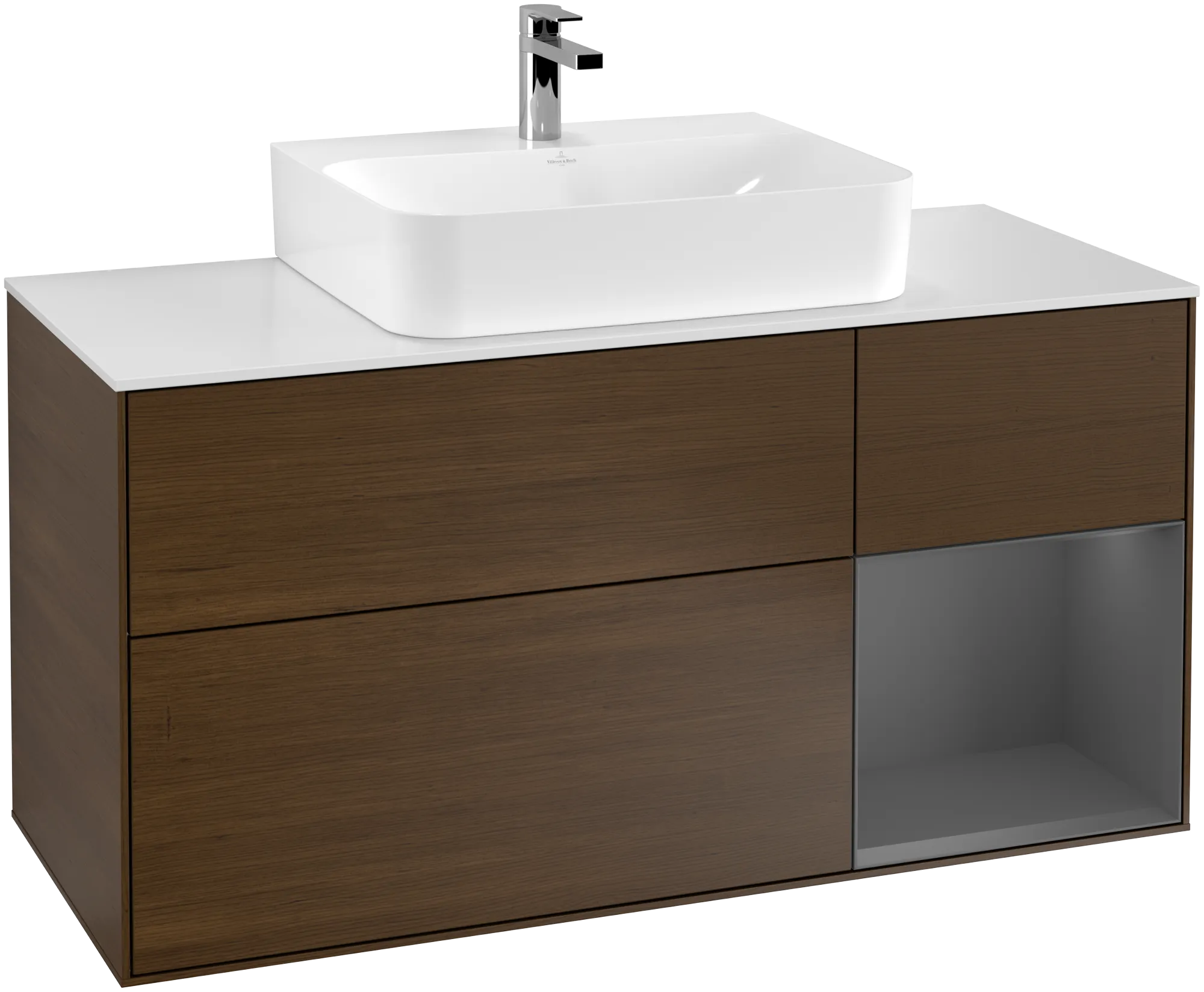 VILLEROY BOCH Finion Vanity unit, with lighting, 3 pull-out compartments, 1200 x 603 x 501 mm, Walnut Veneer / Anthracite Matt Lacquer / Glass White Matt #G171GKGN resmi