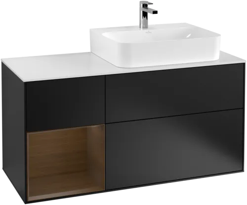 Picture of VILLEROY BOCH Finion Vanity unit, with lighting, 3 pull-out compartments, 1200 x 603 x 501 mm, Black Matt Lacquer / Walnut Veneer / Glass White Matt #G141GNPD