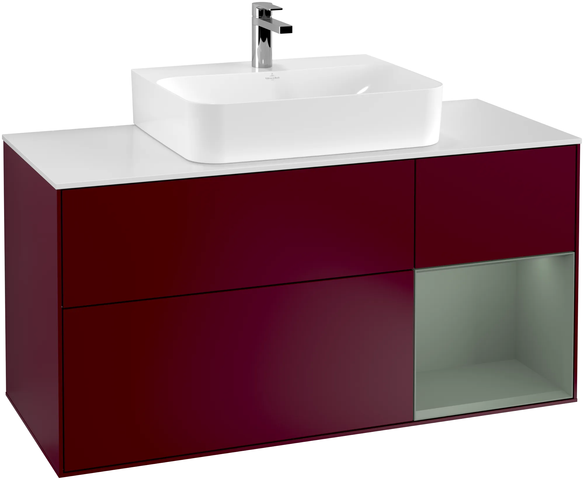 Picture of VILLEROY BOCH Finion Vanity unit, with lighting, 3 pull-out compartments, 1200 x 603 x 501 mm, Peony Matt Lacquer / Olive Matt Lacquer / Glass White Matt #G171GMHB