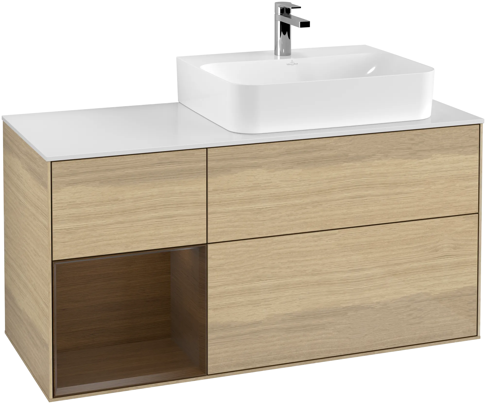Picture of VILLEROY BOCH Finion Vanity unit, with lighting, 3 pull-out compartments, 1200 x 603 x 501 mm, Oak Veneer / Walnut Veneer / Glass White Matt #G141GNPC