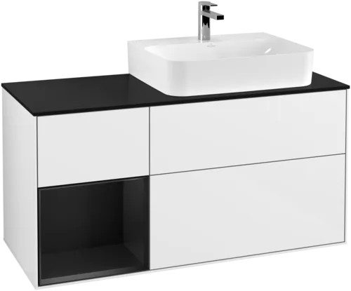 Picture of VILLEROY BOCH Finion Vanity unit, with lighting, 3 pull-out compartments, 1200 x 603 x 501 mm, Glossy White Lacquer / Black Matt Lacquer / Glass Black Matt #G142PDGF