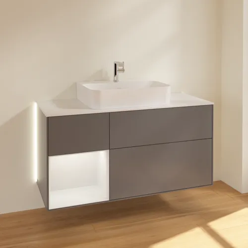 VILLEROY BOCH Finion Waschbeckenunterschrank, mit Beleuchtung, 3 Auszüge, 1200 x 603 x 501 mm, Anthracite Matt Lacquer / Olive Matt Lacquer / Glass White Matt #G161GMGK, Bild 2