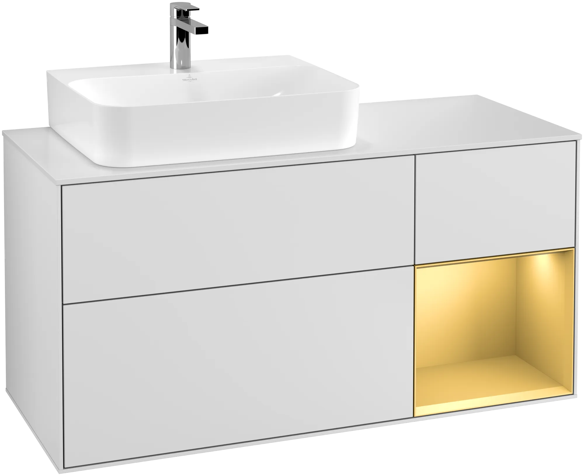 Picture of VILLEROY BOCH Finion Vanity unit, with lighting, 3 pull-out compartments, 1200 x 603 x 501 mm, White Matt Lacquer / Gold Matt Lacquer / Glass White Matt #G151HFMT