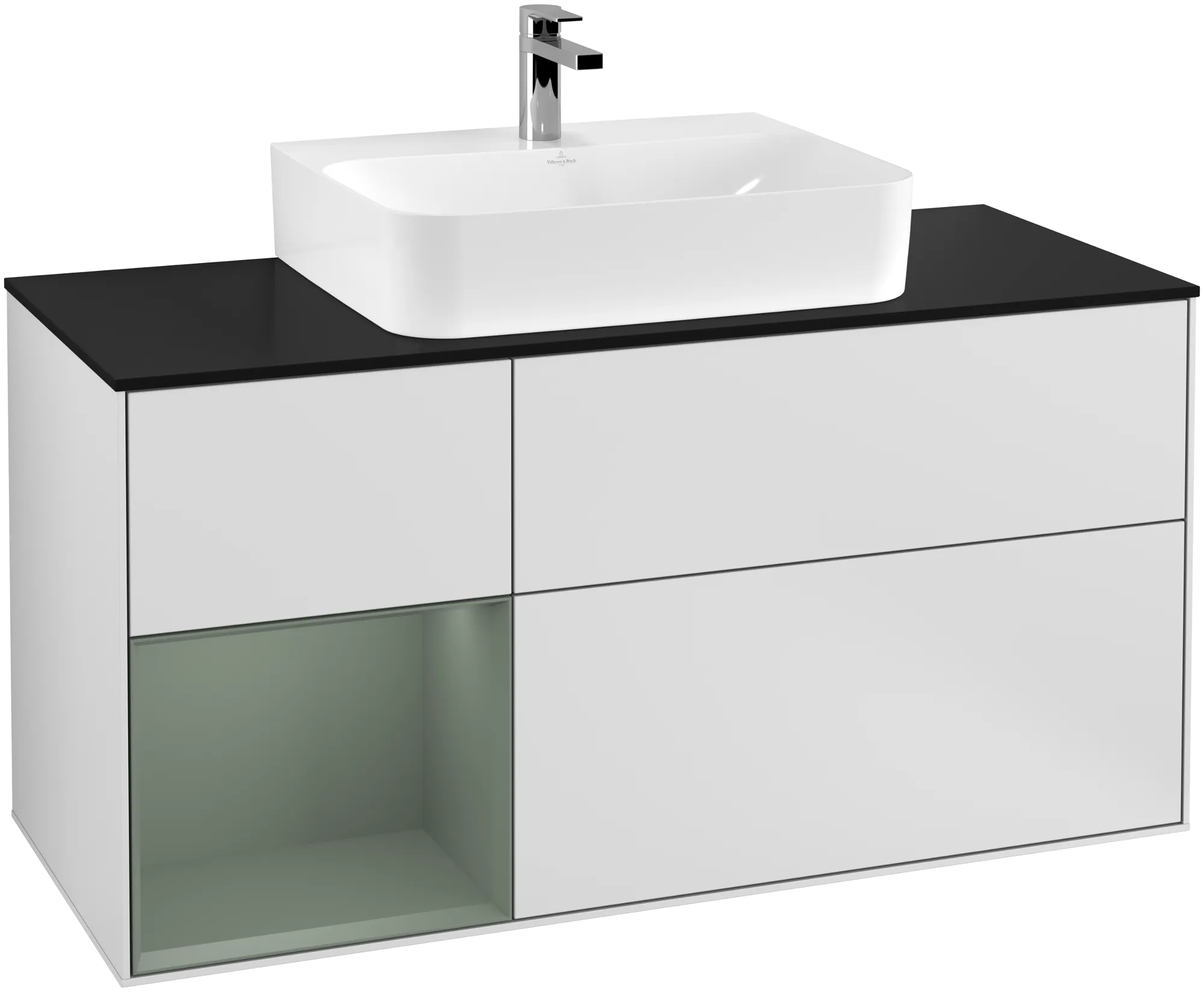 Picture of VILLEROY BOCH Finion Vanity unit, with lighting, 3 pull-out compartments, 1200 x 603 x 501 mm, White Matt Lacquer / Olive Matt Lacquer / Glass Black Matt #G162GMMT