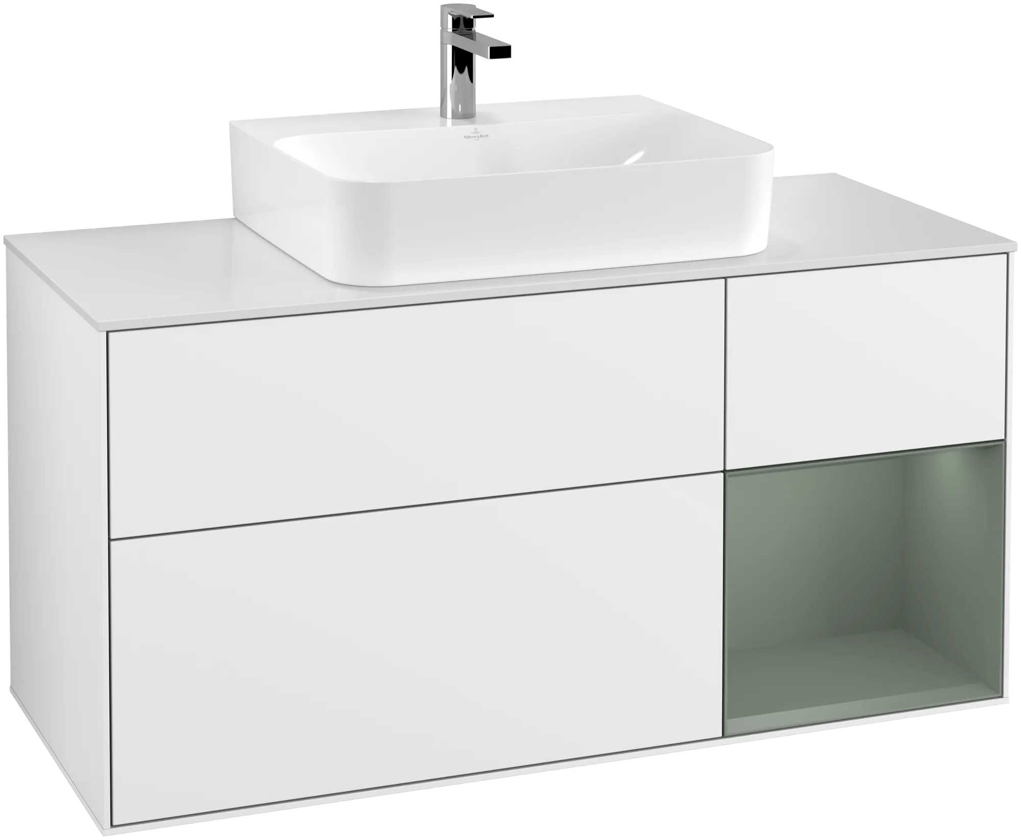 Picture of VILLEROY BOCH Finion Vanity unit, with lighting, 3 pull-out compartments, 1200 x 603 x 501 mm, Glossy White Lacquer / Olive Matt Lacquer / Glass White Matt #G171GMGF
