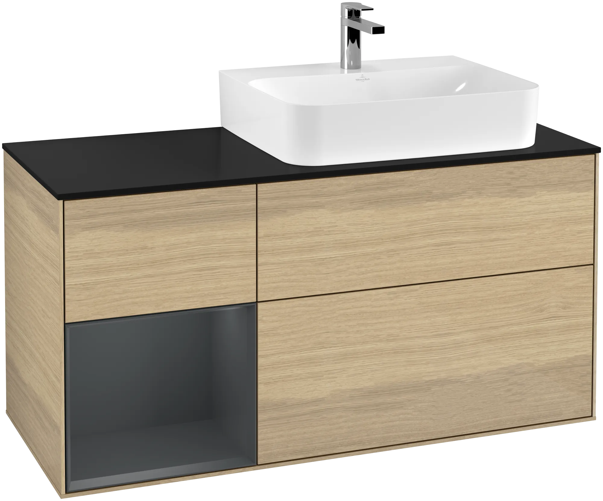 Picture of VILLEROY BOCH Finion Vanity unit, with lighting, 3 pull-out compartments, 1200 x 603 x 501 mm, Oak Veneer / Midnight Blue Matt Lacquer / Glass Black Matt #G142HGPC