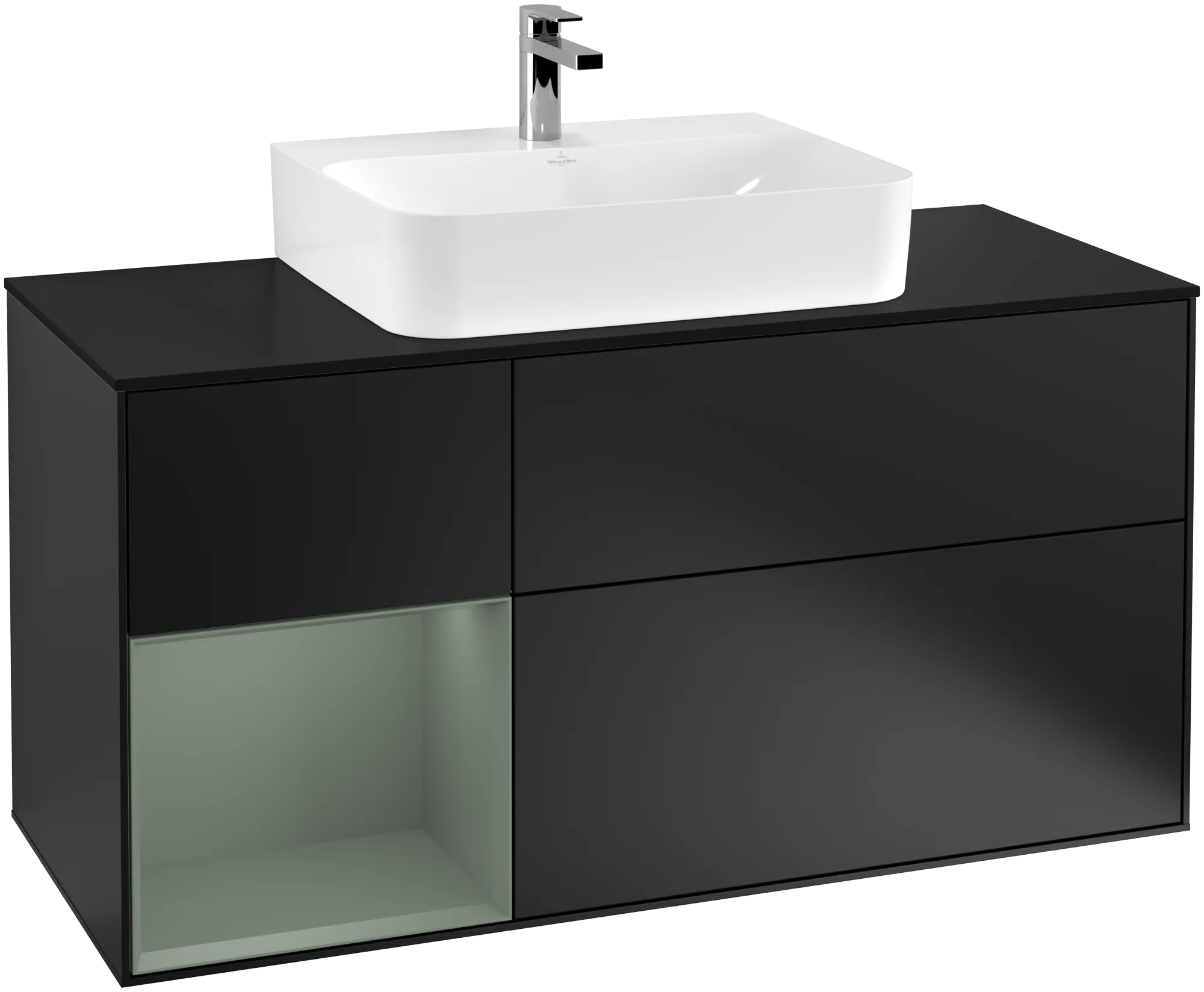 Picture of VILLEROY BOCH Finion Vanity unit, with lighting, 3 pull-out compartments, 1200 x 603 x 501 mm, Black Matt Lacquer / Olive Matt Lacquer / Glass Black Matt #G162GMPD