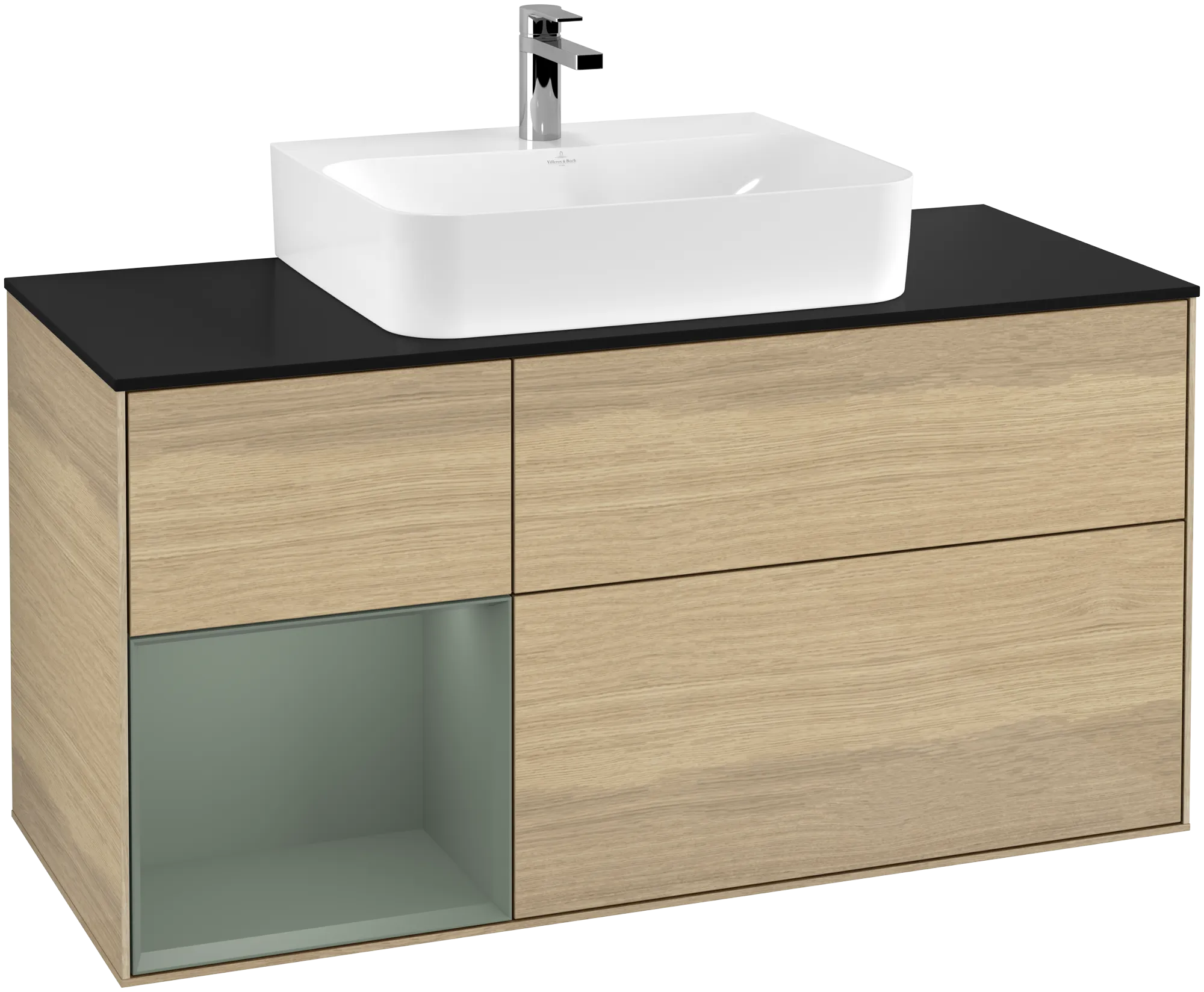 Picture of VILLEROY BOCH Finion Vanity unit, with lighting, 3 pull-out compartments, 1200 x 603 x 501 mm, Oak Veneer / Olive Matt Lacquer / Glass Black Matt #G162GMPC