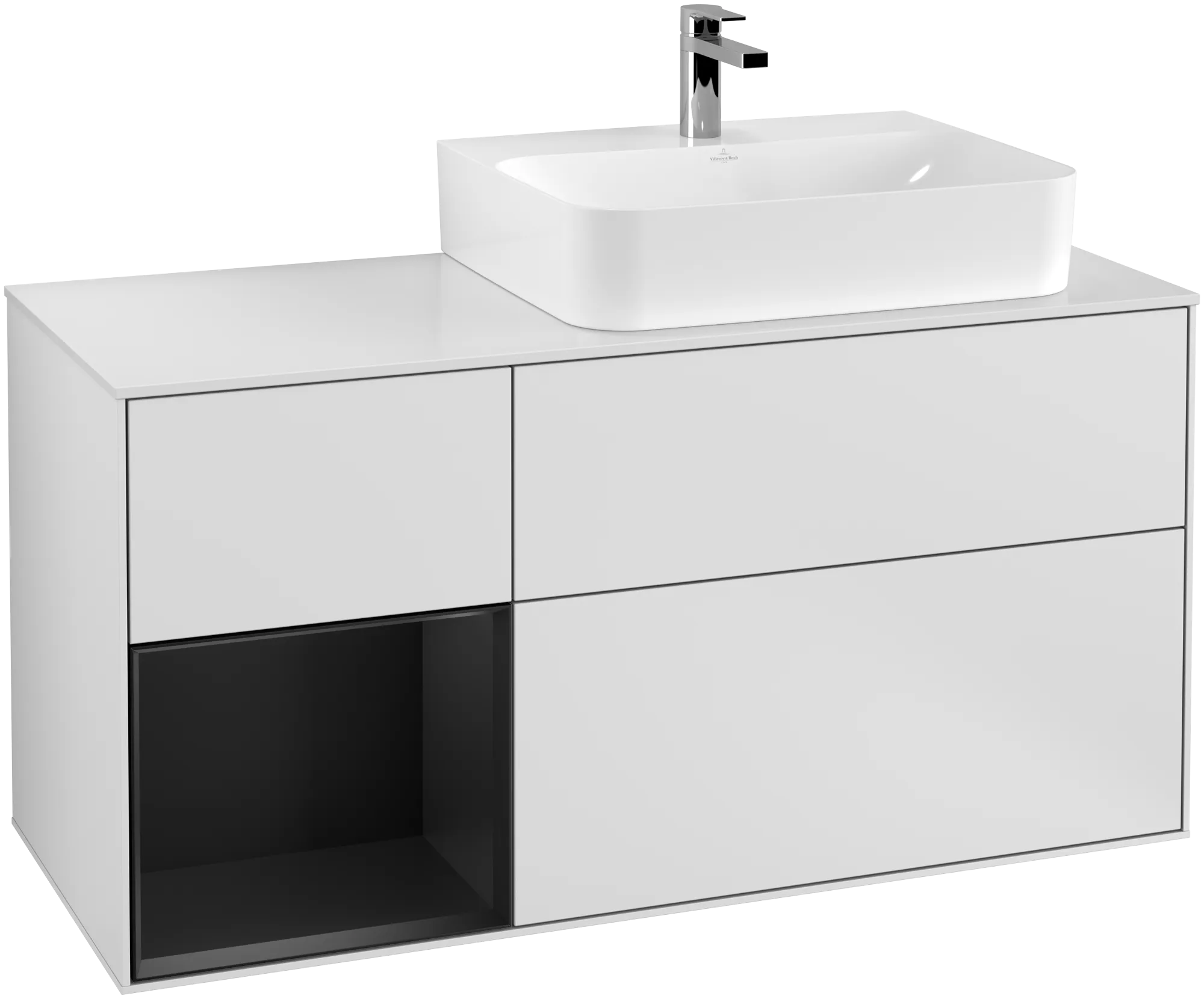 Picture of VILLEROY BOCH Finion Vanity unit, with lighting, 3 pull-out compartments, 1200 x 603 x 501 mm, White Matt Lacquer / Black Matt Lacquer / Glass White Matt #G141PDMT
