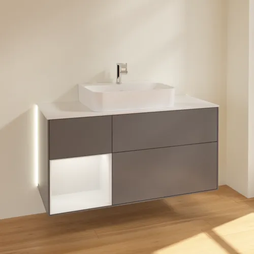 VILLEROY BOCH Finion Waschbeckenunterschrank, mit Beleuchtung, 3 Auszüge, 1200 x 603 x 501 mm, Anthracite Matt Lacquer / Anthracite Matt Lacquer / Glass White Matt #G161GKGK, Bild 2