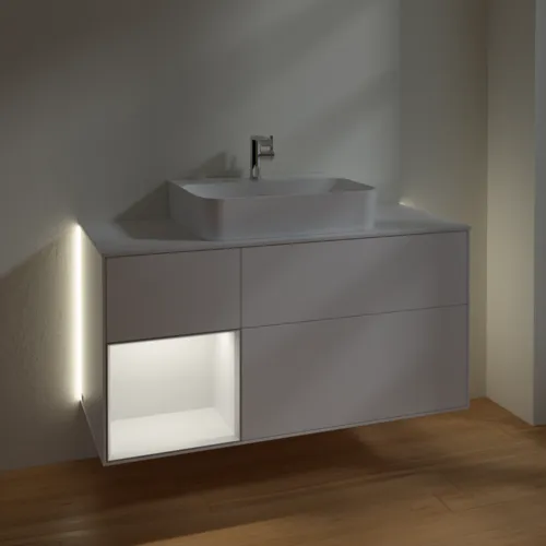 Bild von VILLEROY BOCH Finion Waschbeckenunterschrank, mit Beleuchtung, 3 Auszüge, 1200 x 603 x 501 mm, White Matt Lacquer / Olive Matt Lacquer / Glass White Matt #G161GMMT