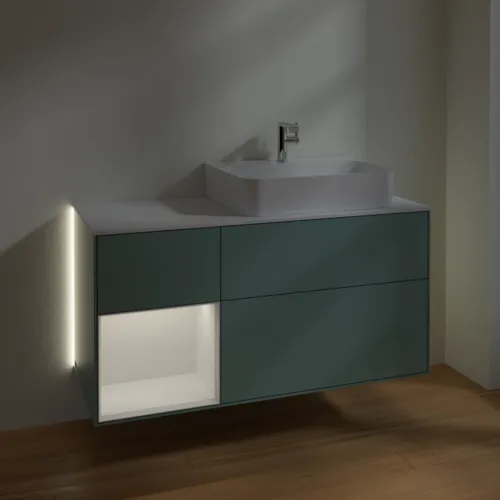 Bild von VILLEROY BOCH Finion Waschbeckenunterschrank, mit Beleuchtung, 3 Auszüge, 1200 x 603 x 501 mm, Olive Matt Lacquer / Glossy White Lacquer / Glass White Matt #G141GFGM