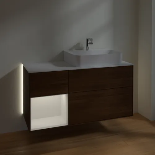 VILLEROY BOCH Finion Waschbeckenunterschrank, mit Beleuchtung, 3 Auszüge, 1200 x 603 x 501 mm, Walnut Veneer / Glossy White Lacquer / Glass White Matt #G141GFGN, Bild 3