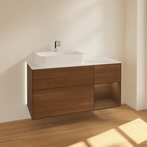 VILLEROY BOCH Finion Waschbeckenunterschrank, mit Beleuchtung, 3 Auszüge, 1200 x 603 x 501 mm, Walnut Veneer / Walnut Veneer / Glass White Matt #G151GNGN, Bild 2