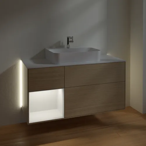 Bild von VILLEROY BOCH Finion Waschbeckenunterschrank, mit Beleuchtung, 3 Auszüge, 1200 x 603 x 501 mm, Oak Veneer / Anthracite Matt Lacquer / Glass White Matt #G161GKPC